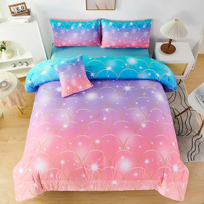 PERFEMET Queen Size Girls Comforter Set with Sheets 6 Pieces Mermaid Tail Print Kids Bedding Set Colorful Rainbow Teen Girl Bed in A Bag Pink Purple Ombre Bed Set for Girls Women