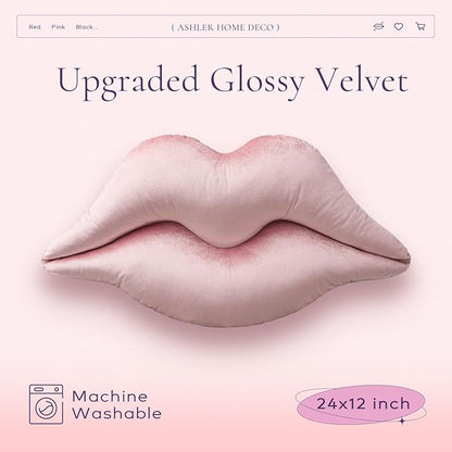 Ashler Upgraded Glossy Velvet Lip Shape Throw Pillow, Delicately Soft, Glossy Shimmering and Brilliant with Velvet Backing for Sofa, Bed and Living Room, Pink, 24 X 12 Inches