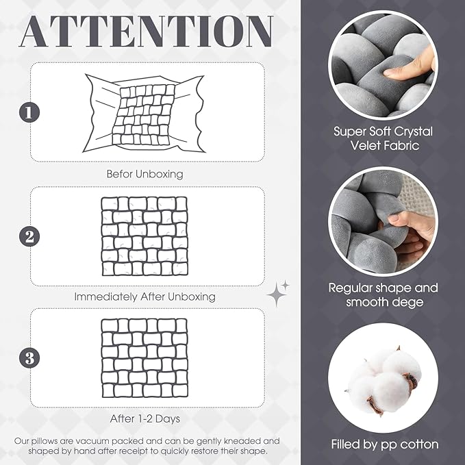 Wenqik 2 Pcs Knot Pillows Square Knotted Plush Throws Soft Accent Pillows Decoration Cushion for Couch Home Office Living Room Bedroom Bed Sofa Decor, 12'' x 13''(Light Gray,Crystal Velvet)