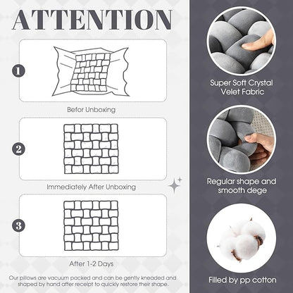 Wenqik 2 Pcs Knot Pillows Square Knotted Plush Throws Soft Accent Pillows Decoration Cushion for Couch Home Office Living Room Bedroom Bed Sofa Decor, 12'' x 13''(Light Gray,Crystal Velvet)