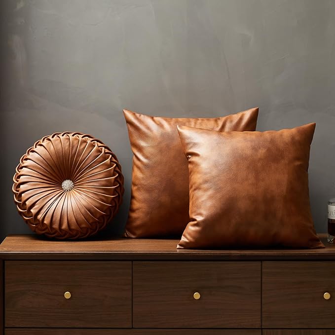 EUCIOR Brown Round Leather Pillow,Circle Pillow,Handmade Round Throw Pillow,Smooth Faux Leather Decorative Pillows for Home Decor Bedroom Living Room Couch Bed,Diameter 15"