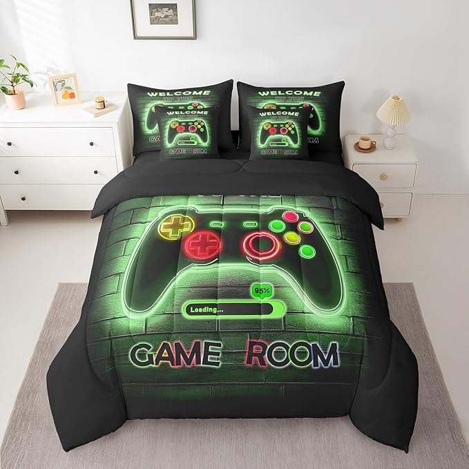 jejeloiu Green Gamer Gaming 7 Piece Bedding Set King Size for Boys Game Console Comforter Set with Sheets Kids Teens Neon Light Bed in a Bag Cool Game Room Decor Bed Set