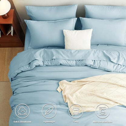 CozyLux Queen Comforter Set Light Blue, 7 Pieces Bed in a Bag Queen Comforter Set with Sheets, Soft Bedding Sets with Down Alternative Comforter, Fitted Sheet, Flat Sheet, Pillow Shams and Pillowcases