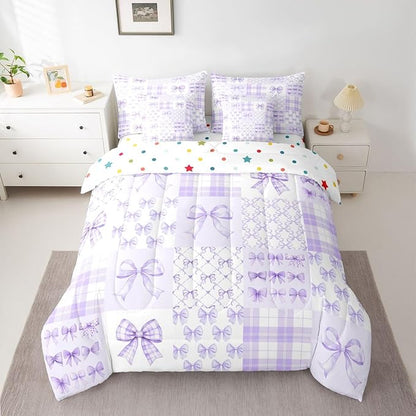 Feelyou Purple Bow Comforter Set with Sheets 7 Piece Queen Size Cute Bowknot Bed in a Bag Kids Boys Girls Bow Plaid Grid Bedding Set Princess Decor Bedroom Decor Breathable Soft Microfiber