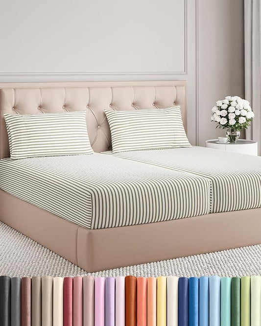 Split King Size 5 Piece Sheet Set - Comfy Breathable & Cooling Bed Sheets Set - Hotel Luxury Bedding for Women, Men, Kids, Teens, Boys & Girls - Deep Pockets, Soft and Wrinkle Free - Beige Stripes 2