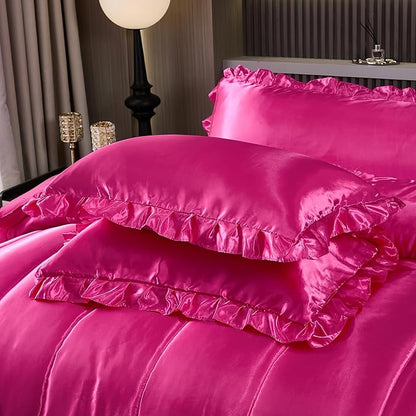 Bedding_Dreamer Satin King Comforter Silk Like Beddings Hotel Soft Polyester Hot Pink Bed Set Luxury Silky Body Pillow Cover Ruffle Home Decor