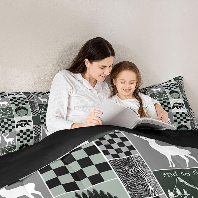 Rustic Cabin Lodge Bedding Full Size, Bear Deer Wildlife Comforter Set For Kids Teens Adult, Country Forest Hunting Wild Animal Duvet Insert Retro Plaid Patchwork Down Comforter Farmhouse Decoration