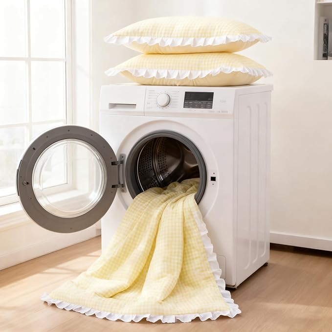 A Nice Night Comforter Set Full, 5 Pieces Lightweight Soft Rustic Yellow Ruffle Comforter, Plaid Checkered Chic Bedding Set with Pillow Shams