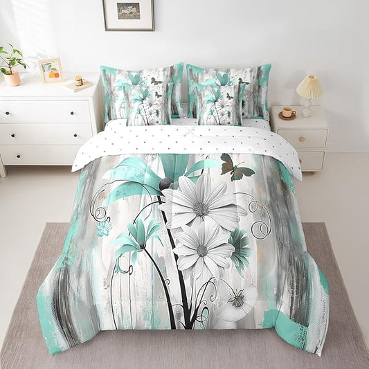 Feelyou Flower Comforter Set Full Size 7 Pieces Vintage Floral Bedding Set for All Season Butterfly Garden Flower Bed in a Bag with Comforter, Sheets, Pillowcases & Cushion Cover