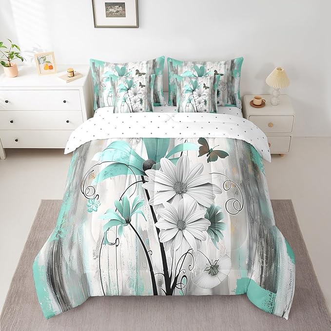 Feelyou Flower Comforter Set Queen Size 7 Pieces Vintage Floral Bedding Set for All Season Butterfly Garden Flower Bed in a Bag with Comforter, Sheets, Pillowcases & Cushion Cover