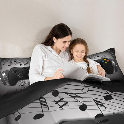 Gamer Comforter Set Twin Size,Black Grey Headphones Musical Design Games Gamepad Bedding Set for Kids Boys Video Game Room Decor Retro Playing Gamer Down Comforter Gaming Controller Quilted Duvet Set