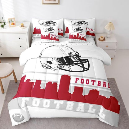 Erosebridal Football 7 Pcs Comforter Set Queen Football City Bedding for Men Boys Red Grey Football Fans Sheet Set Bed in A Bag Rugby Game Room Decor Sports Ball Competition Quilt