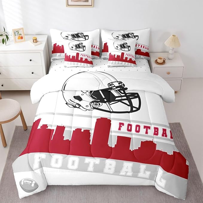 Erosebridal Football 7 Pcs Comforter Set King Football City Bedding for Men Boys Red Grey Football Fans Sheet Set Bed in A Bag Rugby Game Room Decor Sports Ball Competition Bed Set