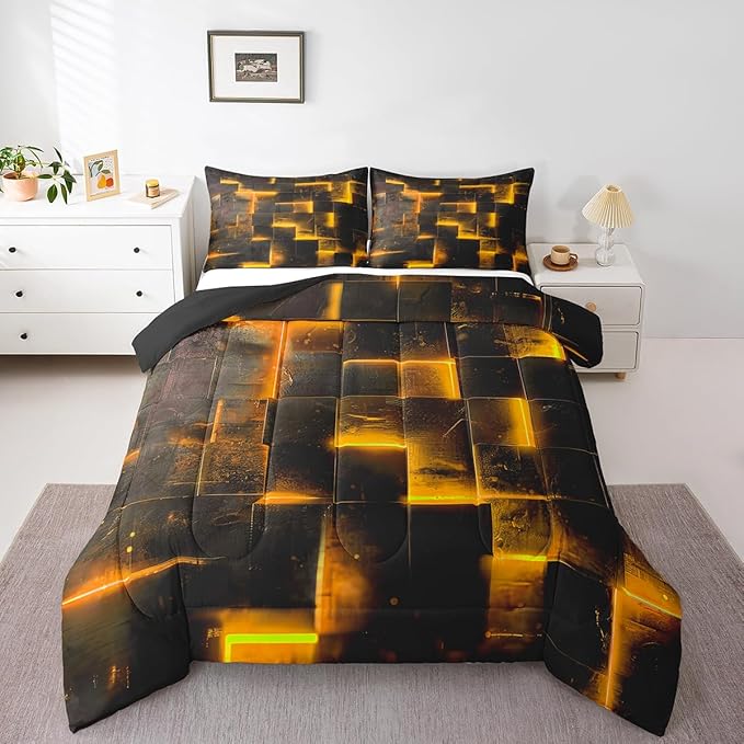 Erosebridal Black and Orange Comforter Set Queen Modern Abstract Queen Bedding, 3D Glowing Plaid Bedding Comforter Sets Gradient Grid Duvet, Neon Square Quilted Comforter 3pcs (Black Reversible)