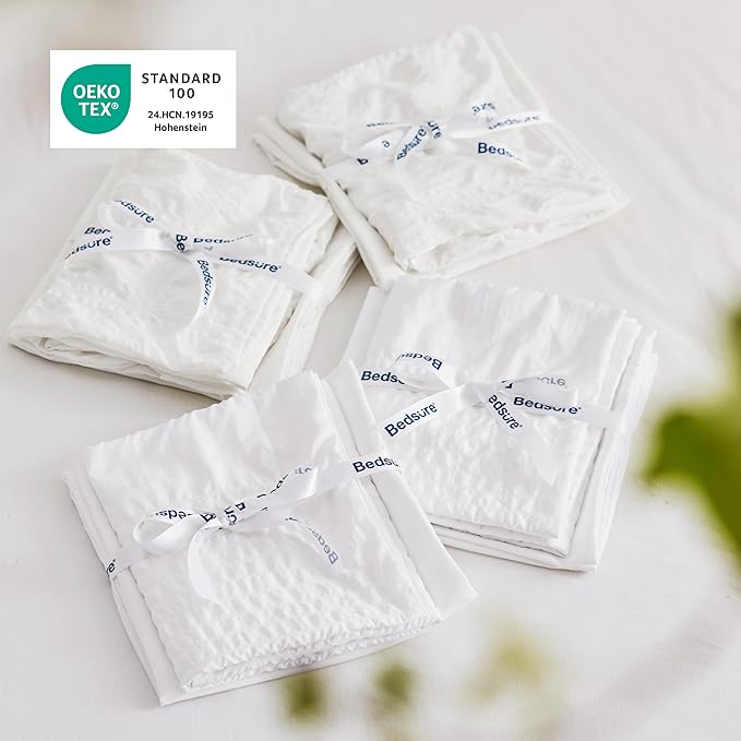 Bedsure Bed in a Bag Twin - 5 Pieces Plaid Seersucker Bedding Comforter Sets, Soft Lightweight White Boho Bed Set with Comforters Twin Size, Sheets, Pillowcase & Sham