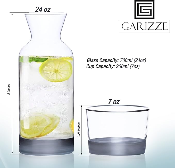 GARIZZE Bedside Water Carafe and Glass Set for Bedroom, Bedside Carafe and Glass Set, Mouthwash Decanter for Bathroom, Water Carafe with Glass Cup for Nightstand (24-oz/7-oz) (SILVER) GIFT BOX