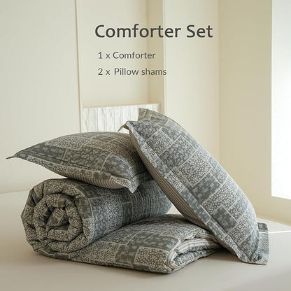 Queen Size Cotton Comforter Set, 3Pcs Blue Patchwork Duvet for All Seasons, Luxury Warmth Breathable Bedding Set with 1 Lightweight Comforter and 2 Pillow Shams