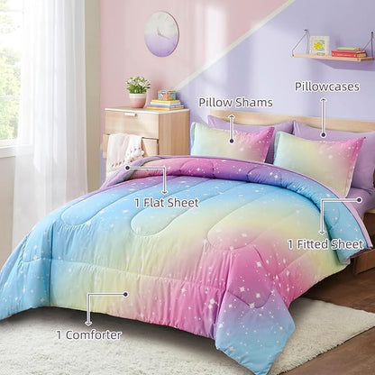 Drucon Rainbow Comforter Set Twin Size for Teen Girl &Boys,6 Pieces Bed in A Bag Blue Blush Rainbow Bedding Set Twin Size(1 Comforter, 1 Flat Sheet, 1 Fitted Sheet, 1 Pillow sham, 2 Pillowcases)