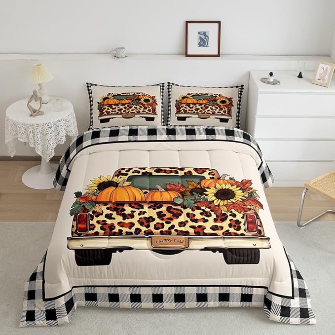 Plaid Pumpkin Comforter Set Fall Thanksgiving Harvest Bedding Set Gifts For Kids Teen Adults Twin,Brownleopard Truck Pumpkins Bedding Comforters,Butterfly Sunflower Maple Leaf Bedding Quilted 2 Pcs