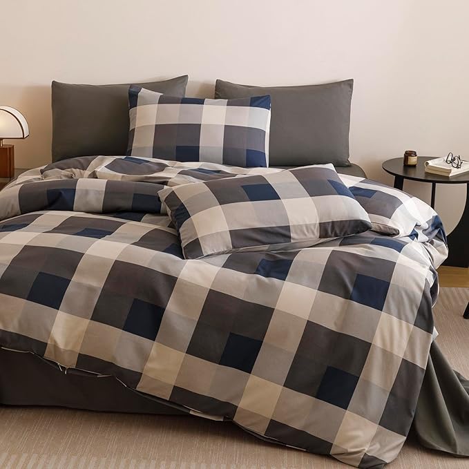 CLOTHKNOW Blue Grey Plaid Queen Comforter Set Gingham Buffalo Bedding Comforter Sets Geometric Comforter Queen Sets with 2 x Pillow Cases