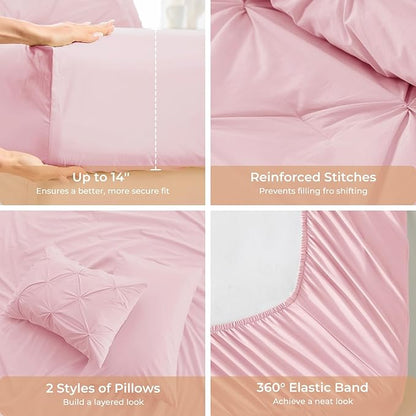 Sasttie Twin XL Comforter Set, 5-Piece Bed in a Bag, Pintuck Bedding Set for All Season, Includes Comforter, Flat Sheet, Fitted Sheet, Pillowcase and Pillowsham, Baby Pink
