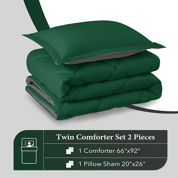 downluxe Twin Comforter Set - Dark Green and Grey Twin Comforter, Soft Bedding Sets for All Seasons -2 Pieces - 1 Comforter (66"x92") and 1 Pillow Sham(20"x26")