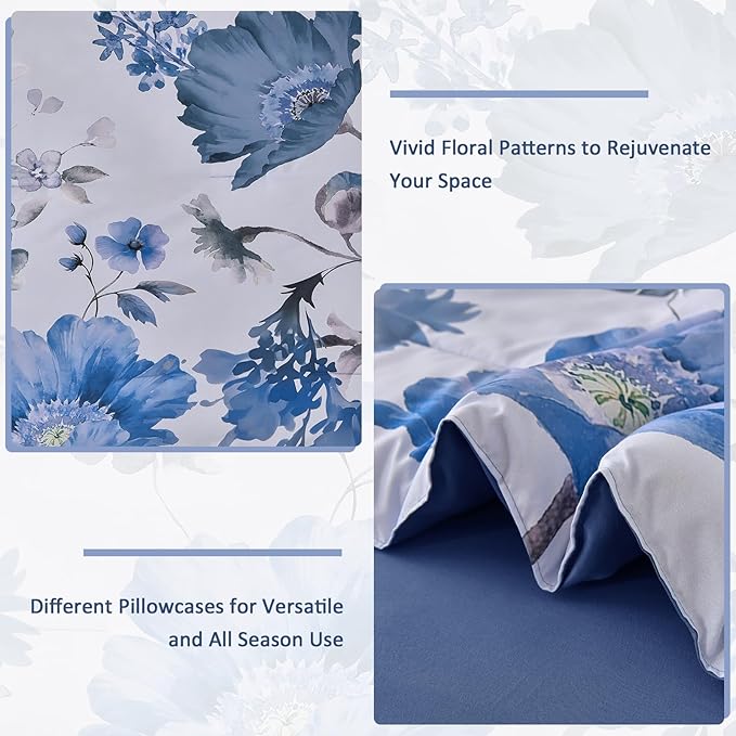 DJY Floral Queen Comforter Set - 7 Pieces Blue Floral Bed in a Bag with Flower Leaves Pattern, Soft Microfiber Botanical Comforter and Sheet Set, All Season Bedding Set (90''x90'')