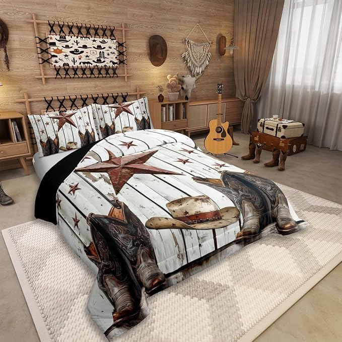 Erosebridal Western Texas Star Comforter Set, Rustic Farmhouse Bedding Set Toddler Size, Retro Cowboy Horseshoe Quilt for Kids Teens Adult Men Bedroom, Country Wooden Door Bedding Comforter Sets