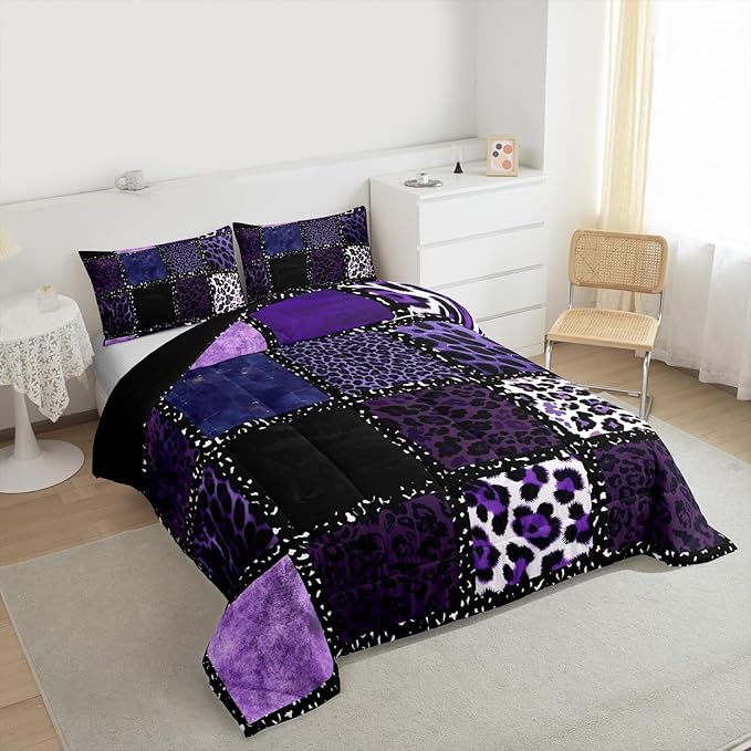 Erosebridal Purple Leopard Print Twin Comforter Set for Kids Boys Girls,Animal Skin Texture Bedding Set,Patchwork Geometric Duvet Insert,Farmhouse Bed Set for All Season