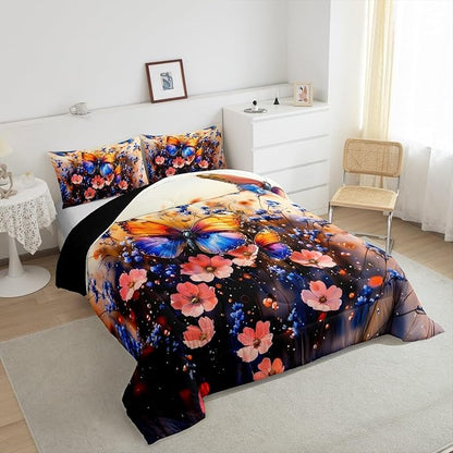 Feelyou Butterfly Comforter Set King Size Butterflies Print Comforter for Boys Girls Teens Animal Bedding Set Butterfly Floral Duvet Set Room Decor Blue Purple Quilt Set