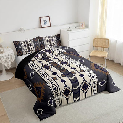 Erosebridal Aztec Geometric Comforter Set Full,Vintage Western Boho Bedding Set Southwestern Ethnic Tribal Bedding Comforter Sets for Kids Boys Adults Men American Native Quilt Duvet Black Brown