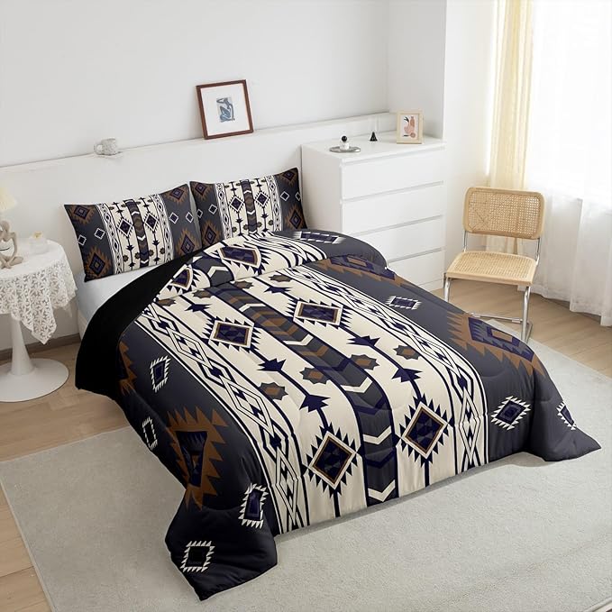 Erosebridal Aztec Geometric Comforter Set Twin,Vintage Western Boho Bedding Set Southwestern Ethnic Tribal Bedding Comforter Sets for Kids Boys Adults Men American Native Quilt Duvet Black Brown