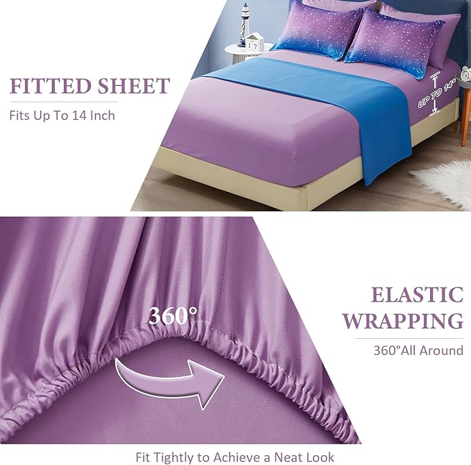 Drucon Girls Comforter Set Queen Size 7 Pieces Bed in A Bag Ombre Blue Purple Rainbow Bedding Set for Kids & Women (1 Comforter, 1 Flat Sheet, 1 Fitted Sheet, 2 Pillow Shams, 2 Pillowcases)