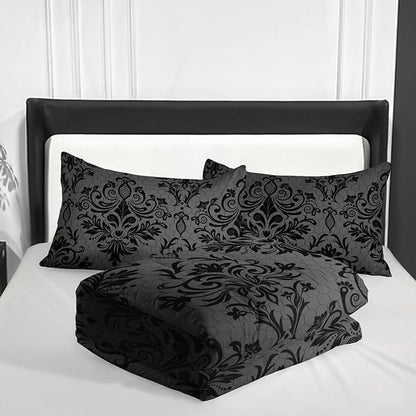 Black Gothic Floral Print Comforter Set Twin Size,Vintage Damask Floral Bedding Set,Bohemian Exotic Printed Quilted Set for Teens Adult,with 1 Comforter and 2 Pillow Case