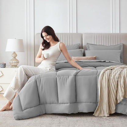 Sasttie King Size Comforter Set, 7 Pieces Bed in a Bag King, Complete Bedding Set Includes Comforter, Flat Sheet, Fitted Sheet, Pillowcases and Pillow Shams, Light Grey