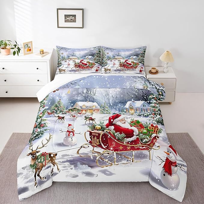 Merry Christmas Kids Comforter Set Full Size,Santa Claus and Elk Sledge Bedding Set 3Pcs,Cute Snowman Xmas Tree Quilt Set Girls Boys Room Decor,Rustic Cabin Winter Duvet Insert,2 Pillowcases