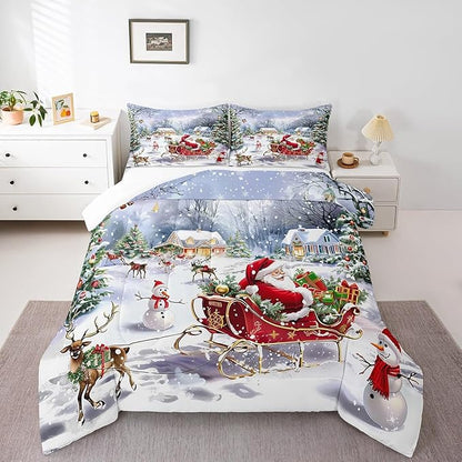 Merry Christmas Kids Comforter Set Full Size,Santa Claus and Elk Sledge Bedding Set 3Pcs,Cute Snowman Xmas Tree Quilt Set Girls Boys Room Decor,Rustic Cabin Winter Duvet Insert,2 Pillowcases