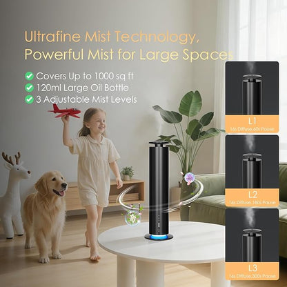 Waterless Essential Oil Diffuser, Long Lasting Aromatherapy Scent Diffuser for Home with Light Mode, 1000 Sq. Ft Coverage Quiet Oil Diffusers for Bedroom, Office, Included 5 Scent Oils(3.3OZ), Black