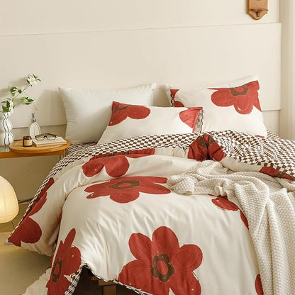 CLOTHKNOW Sunflower Comforter Set California King 3Pcs Rust Beige Floral Bedding Comforter Sets Brown Plaid Comforter Sets