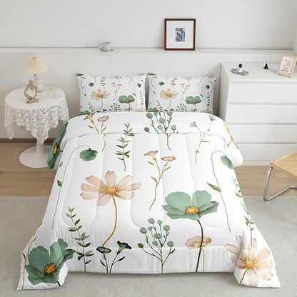 Erosebridal Watercolor Floral Comforter Set Queen, Sage Green Beige Flower Bedding Set for Girls Teens Adult Women Bedroom, Modern Minimalist White Down Comforter Pastoral Branches Aesthetic Quilt