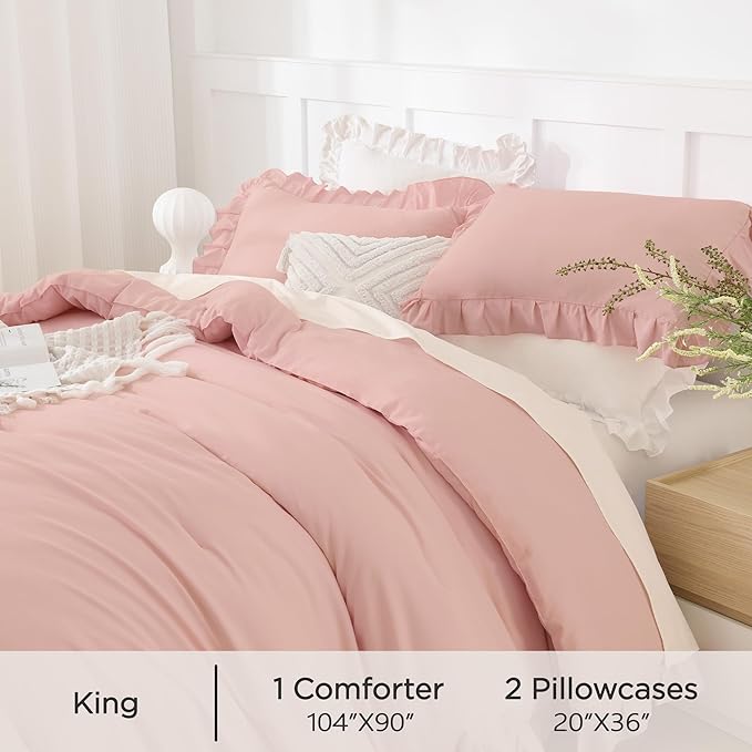 Andency Blush Pink Ruffle Comforter King, 3 Pieces All Season Farmhouse Shabby Chic Comforter, Vintage Rustic Soft Microfiber Down Alternative Bedding Comforter Set
