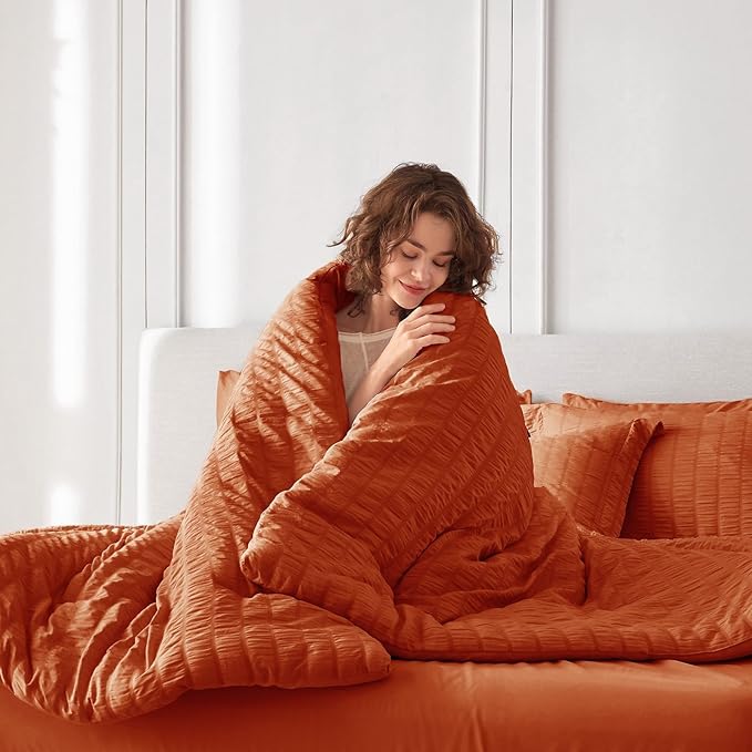 MUXHOMO 7 Pieces King Comforter Set, Seersucker Bed in a Bag King Size, All Season Luxury Bedding Set with Comforter, Flat Sheet, Fitted Sheet, Pillowcases & Shams, Burnt Orange