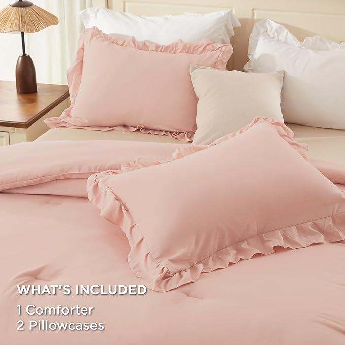 Andency Blush Full Size Comforter Set, Shabby Chic Bedding Comforter Set for All Seasons, 3 Pieces Lightweight Soft Western Modern Bed Set for Women Girls