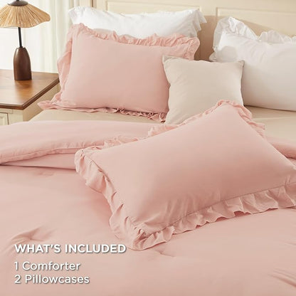 Andency Blush Queen Comforter Set(90x90Inch), 3 Pieces Lightweight Soft Ruffle Bedding Comforter Sets for Queen Bed, Farmhouse Shabby Chic Fluffy Soft Microfiber Bed Set for All Season