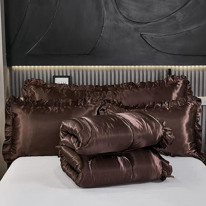 Brown Queen Comforter Silk Like Bedding 4 Pcs Hotel Soft Polyester Satin Bed Set Luxury Silky Body Pillow Cover Ruffle Home Decor
