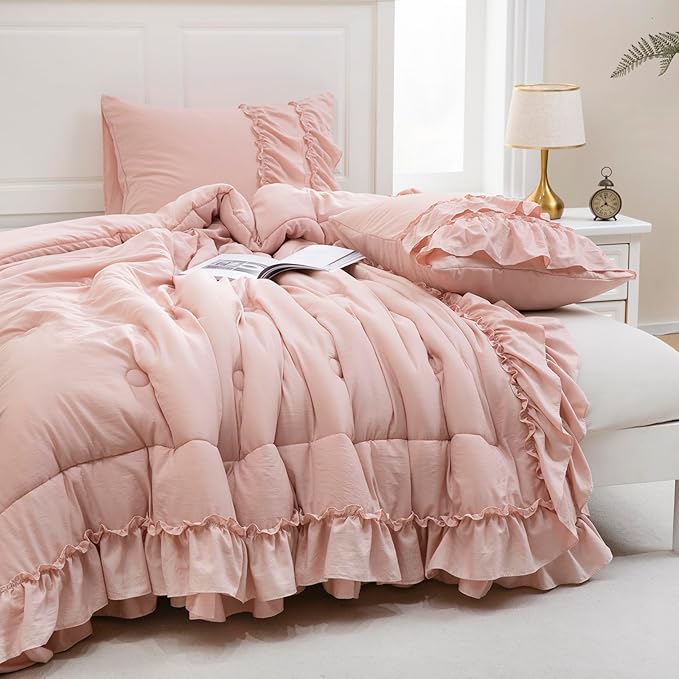 Pink Bedding Comfrter Queen Boho Ruffle Comforter Set Shabby Chic Bedding 2 Layers Ruffles Home Decor Farmhouse Bed Comforter 1 Comforter 2 Pillowcases (Blush, Queen)