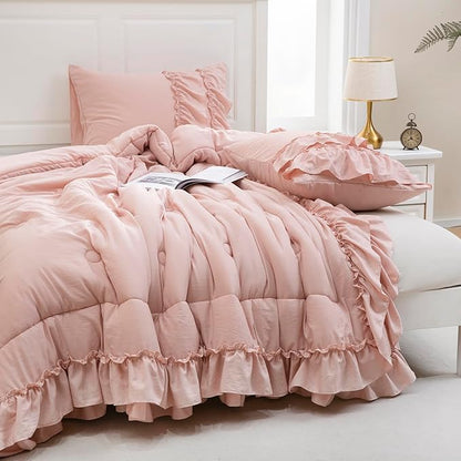 Pink Bedding Comfrter Queen Boho Ruffle Comforter Set Shabby Chic Bedding 2 Layers Ruffles Home Decor Farmhouse Bed Comforter 1 Comforter 2 Pillowcases (Blush, Queen)