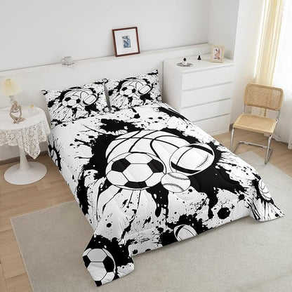 Feelyou Football Comforter Set Queen Size Baseball Comforter for Boys Girls Teens Sports Game Bedding Set Rugby Sports Duvet Set Room Decor White Balck Mixed Ball Quilt Set