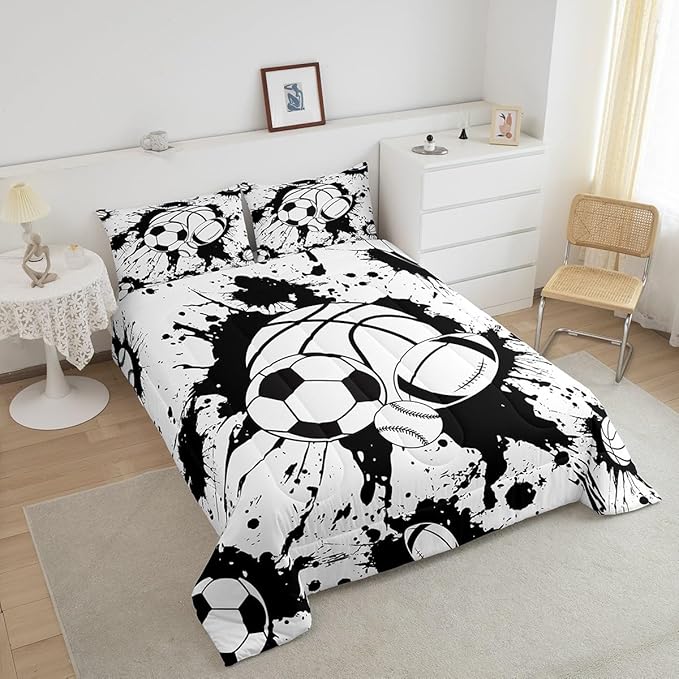 Feelyou Football Comforter Set Twin Size Baseball Comforter for Boys Girls Teens Sports Game Bedding Set Rugby Sports Duvet Set Room Decor White Balck Mixed Ball Quilt Set