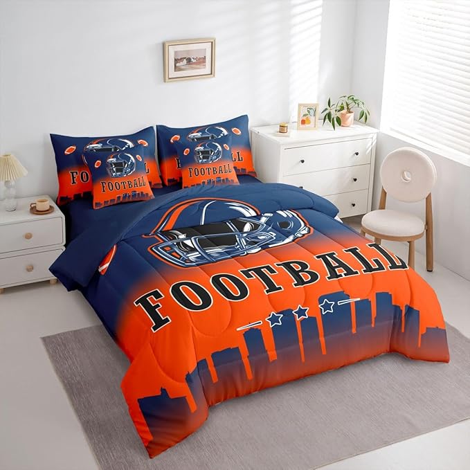Erosebridal American Soccer Twin Boys 7 Pcs Bedding Set Sports Rugby Blue Orange Comforter Set with Sheets for Kids Teen Adults,Football City Bed in A Bag Ball Sports City Silhouette Bed Set